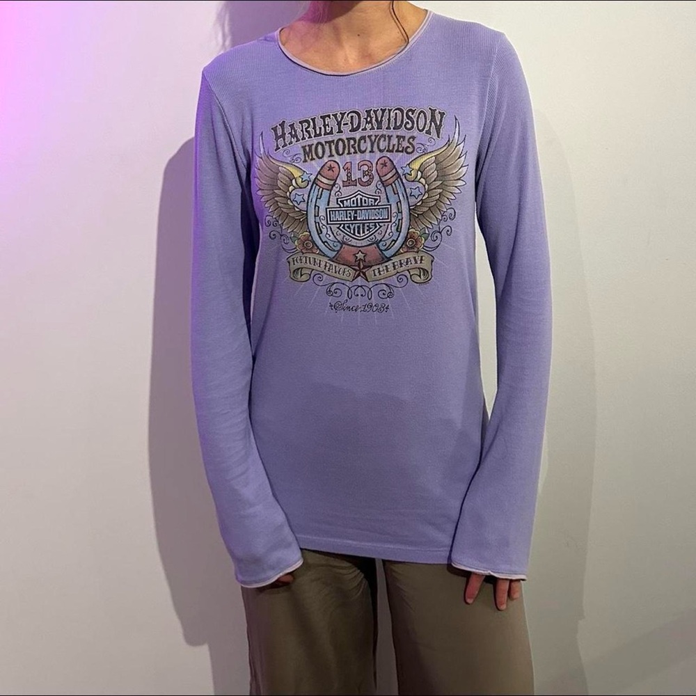 Purple Harley Davidson long sleeve shirt with Jamaica on the back of the design